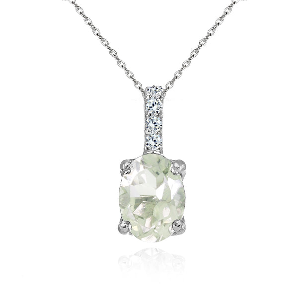 Sterling Silver Green Amethyst and White Topaz Oval Crown Necklace