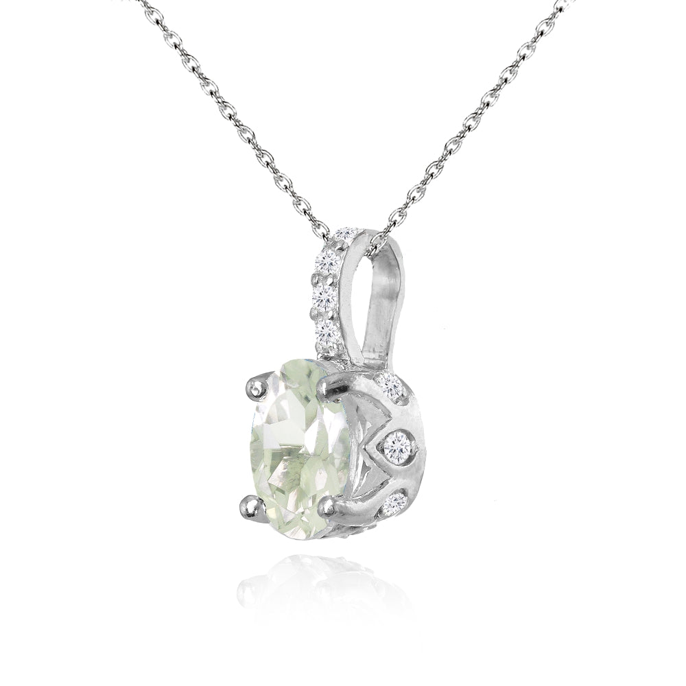 Sterling Silver Green Amethyst and White Topaz Oval Crown Necklace-2