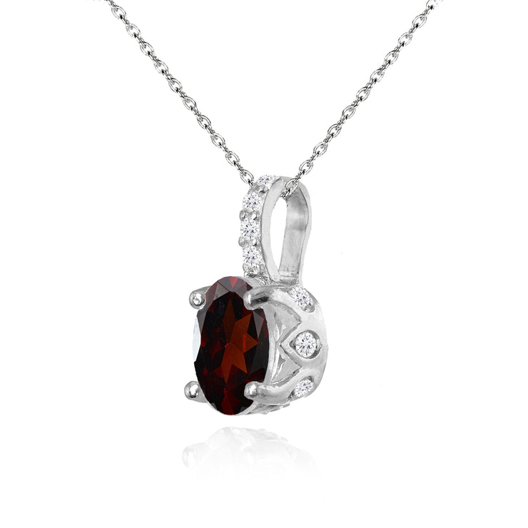 Sterling Silver Garnet and White Topaz Oval Crown Necklace