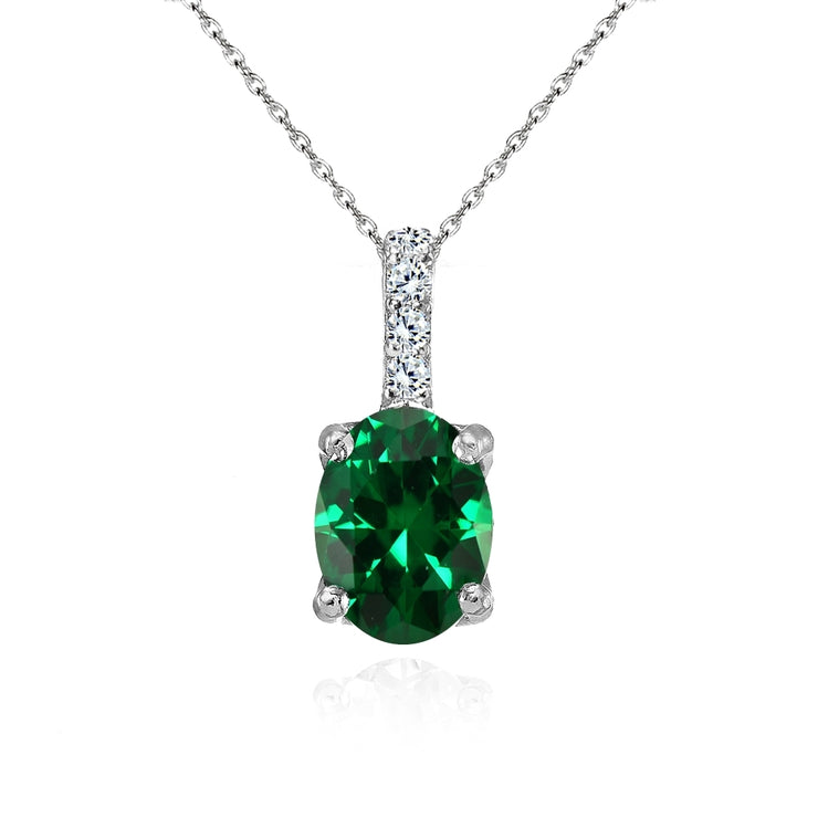Sterling Silver Created Emerald and White Topaz Oval Crown Necklace
