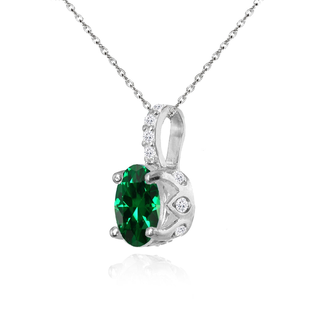 Sterling Silver Created Emerald and White Topaz Oval Crown Necklace-2