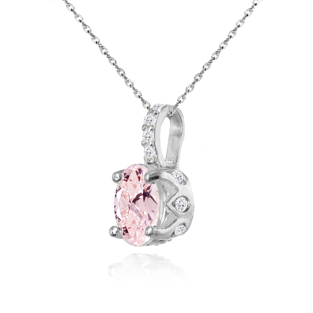 Sterling Silver Created Morganite and White Topaz Oval Crown Necklace-2