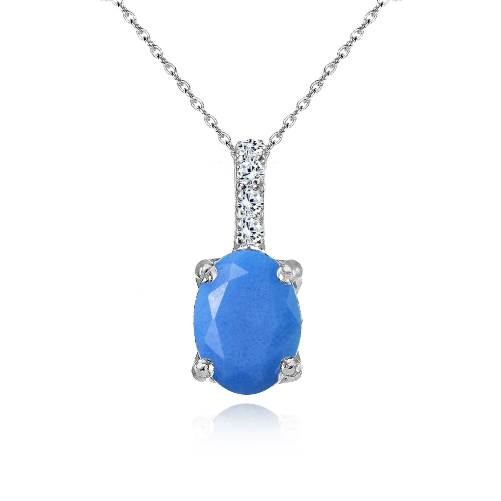 Sterling Silver Created Turquoise and White Topaz Oval Crown Necklace
