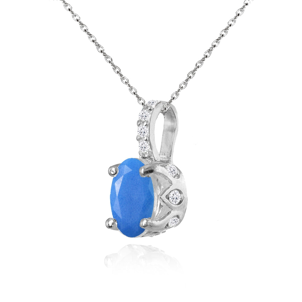 Sterling Silver Created Turquoise and White Topaz Oval Crown Necklace-2