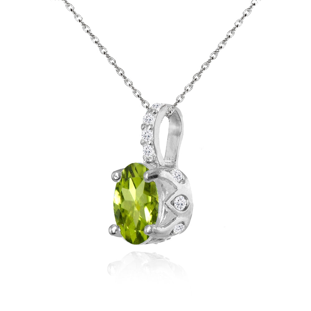 Sterling Silver Peridot and White Topaz Oval Crown Necklace-2
