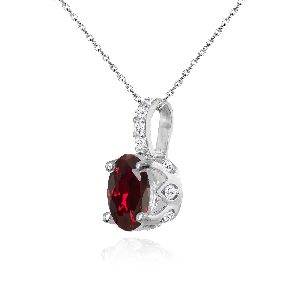Sterling Silver Created Ruby and White Topaz Oval Crown Necklace-2