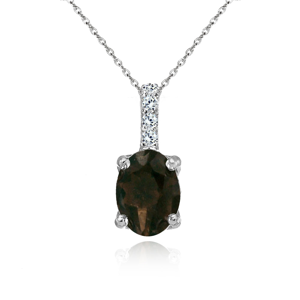 Sterling Silver Smoky Quartz and White Topaz Oval Crown Necklace