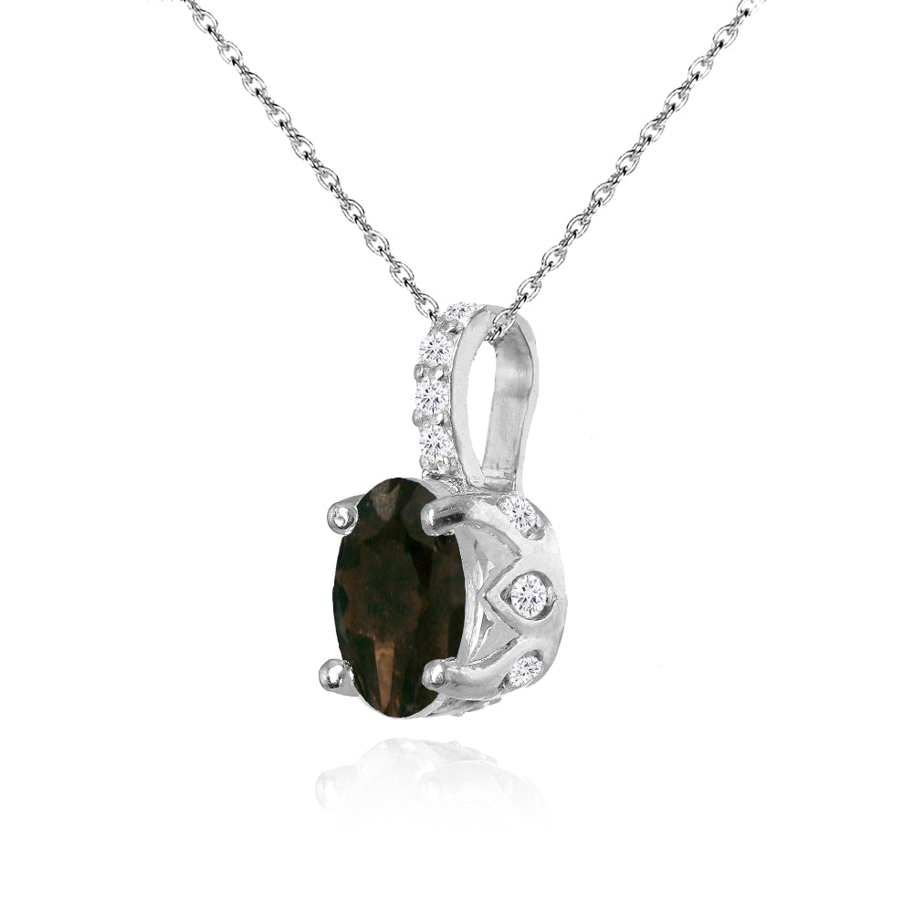 Sterling Silver Smoky Quartz and White Topaz Oval Crown Necklace-2