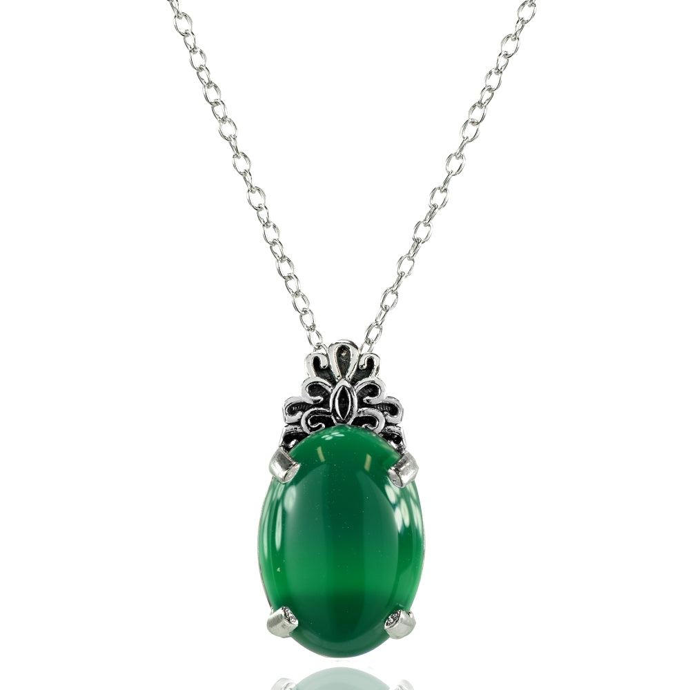 Sterling Silver Created Jade Oxidized Bali Inspired Filigree Oval Necklace