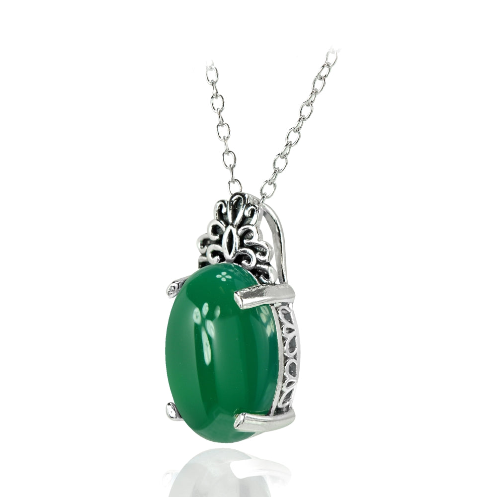Sterling Silver Created Jade Oxidized Bali Inspired Filigree Oval Necklace-2
