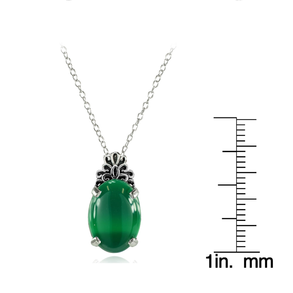 Sterling Silver Created Jade Oxidized Bali Inspired Filigree Oval Necklace-3