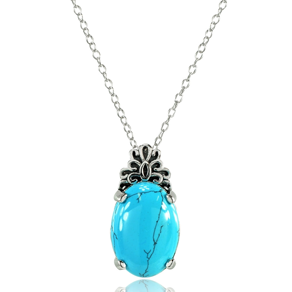 Sterling Silver Created Turquoise Oxidized Bali Inspired Filigree Oval Necklace
