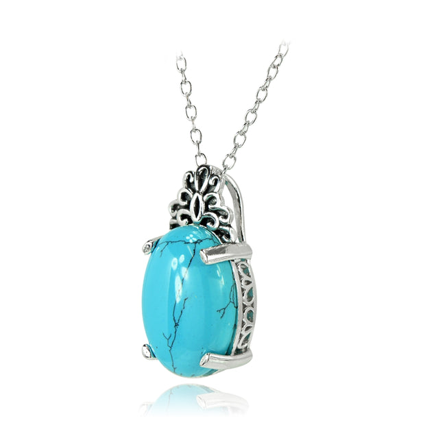 Sterling Silver Created Turquoise Oxidized Bali Inspired Filigree Oval Necklace