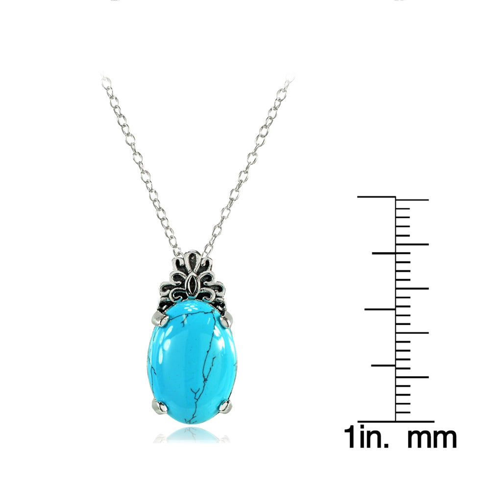 Sterling Silver Created Turquoise Oxidized Bali Inspired Filigree Oval Necklace-3