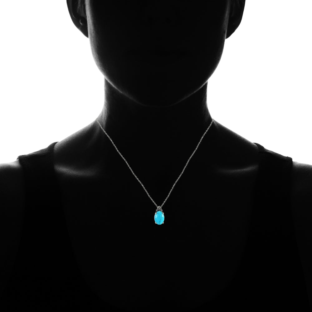 Sterling Silver Created Turquoise Oxidized Bali Inspired Filigree Oval Necklace-4
