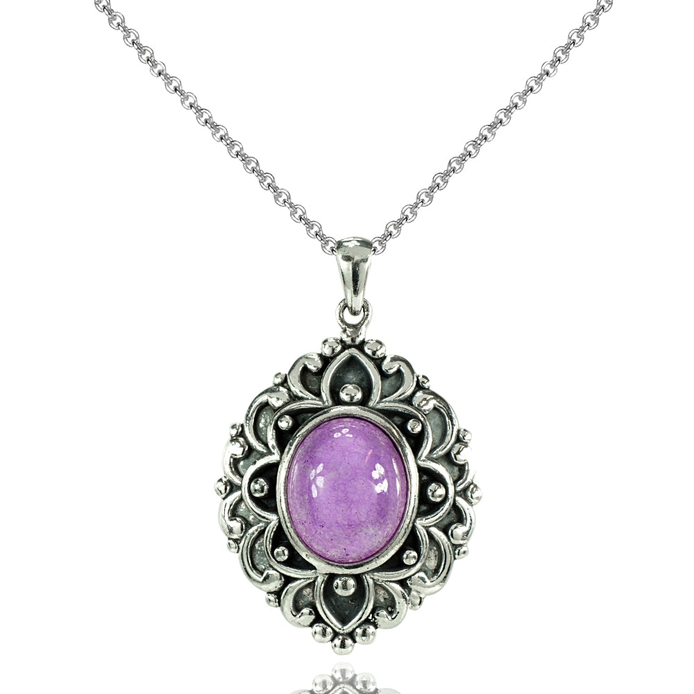 Sterling Silver Created Lavender Jade Oxidized Bali Inspired Vintage Oval Necklace
