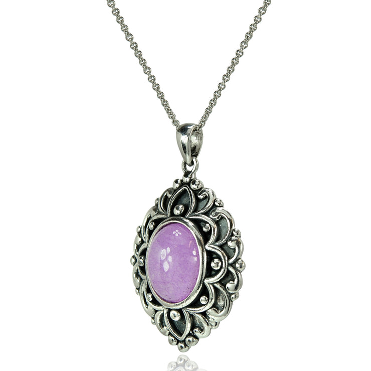 Sterling Silver Created Lavender Jade Oxidized Bali Inspired Vintage Oval Necklace