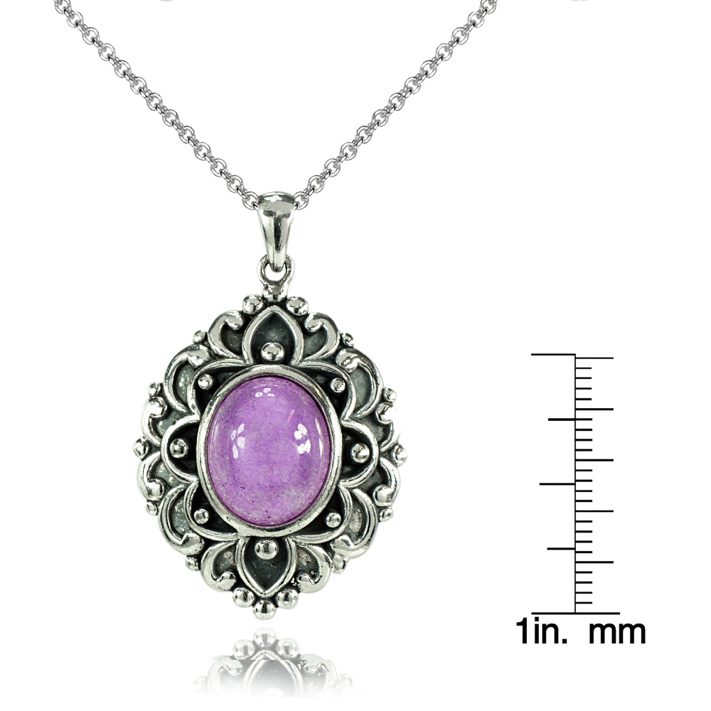 Sterling Silver Created Lavender Jade Oxidized Bali Inspired Vintage Oval Necklace-3