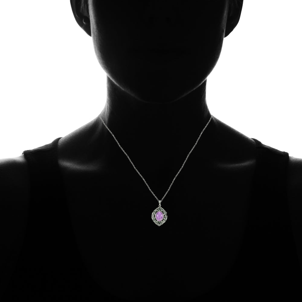 Sterling Silver Created Lavender Jade Oxidized Bali Inspired Vintage Oval Necklace-4