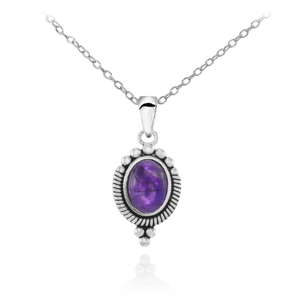 Sterling Silver Cabochon Amethyst Oval Oxidized Vintage Necklace