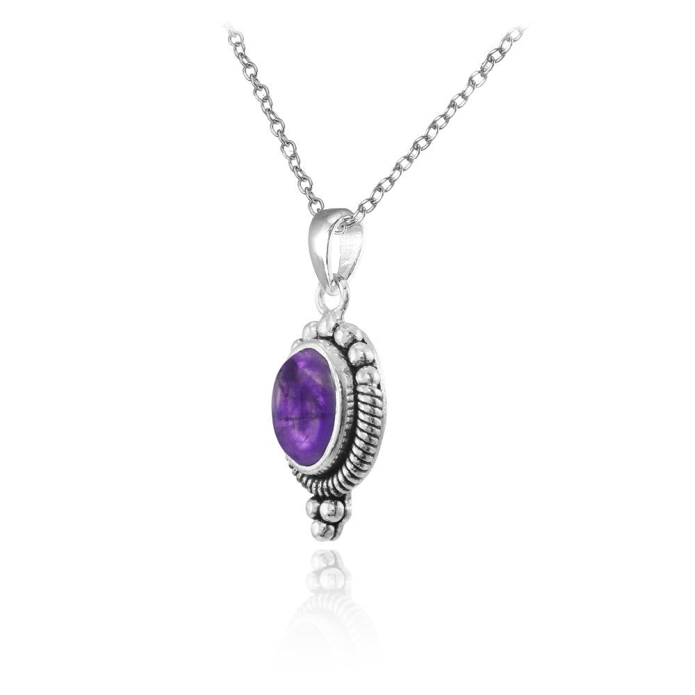 Sterling Silver Cabochon Amethyst Oval Oxidized Vintage Necklace-2