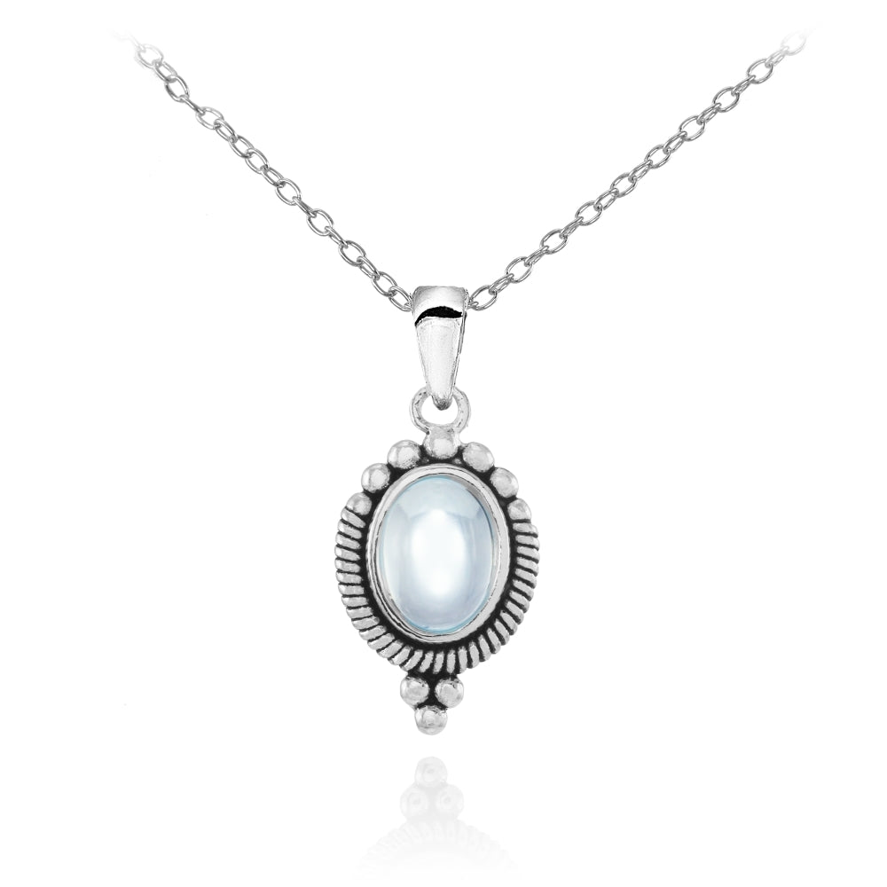 Sterling Silver Cabochon Blue Topaz Oval Oxidized Vintage Necklace