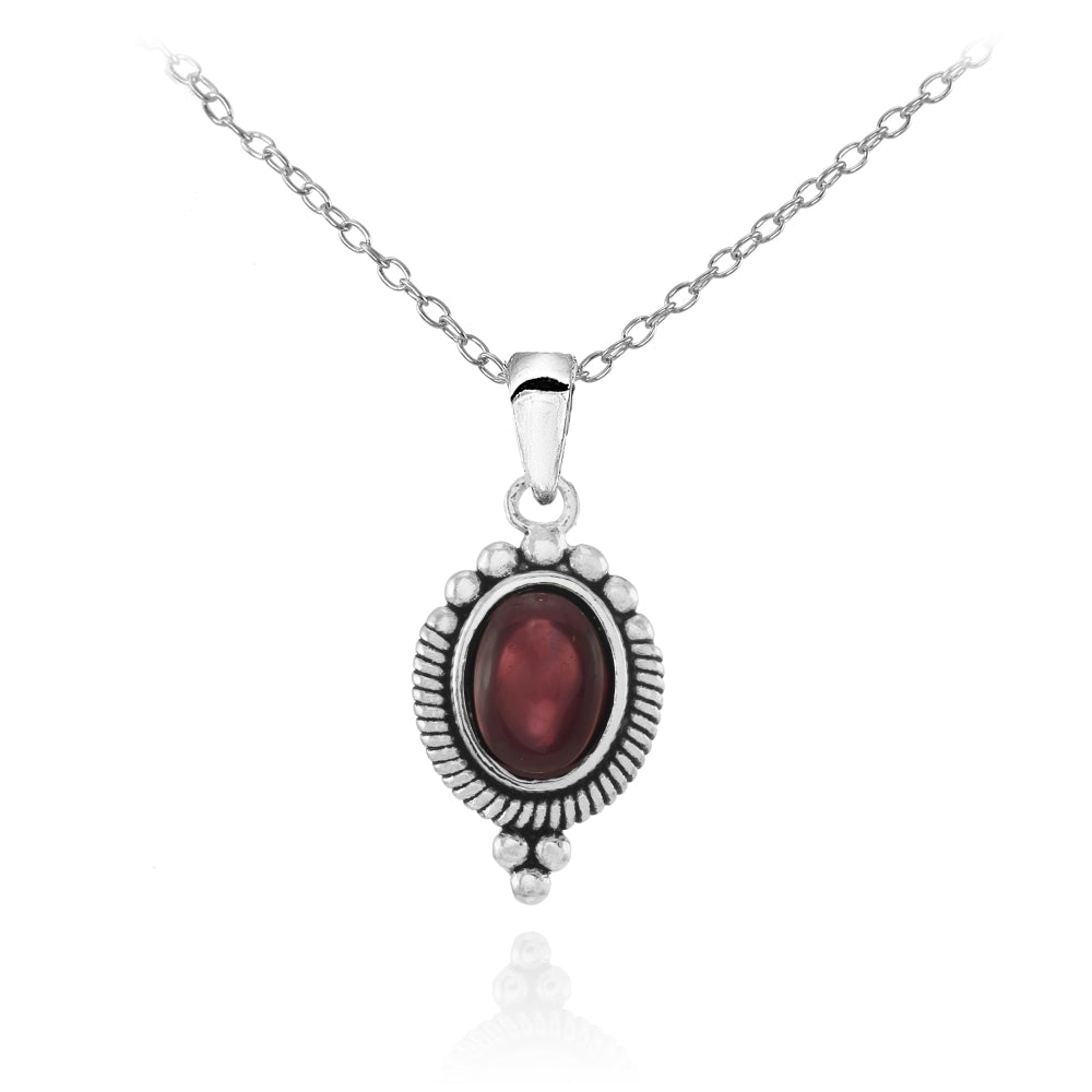 Sterling Silver Cabochon Garnet Oval Oxidized Vintage Necklace