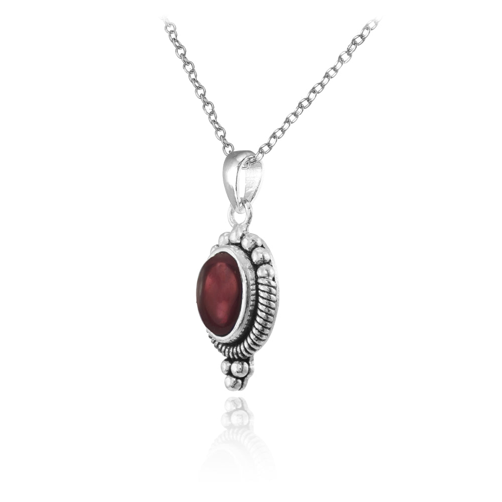 Sterling Silver Cabochon Garnet Oval Oxidized Vintage Necklace-2