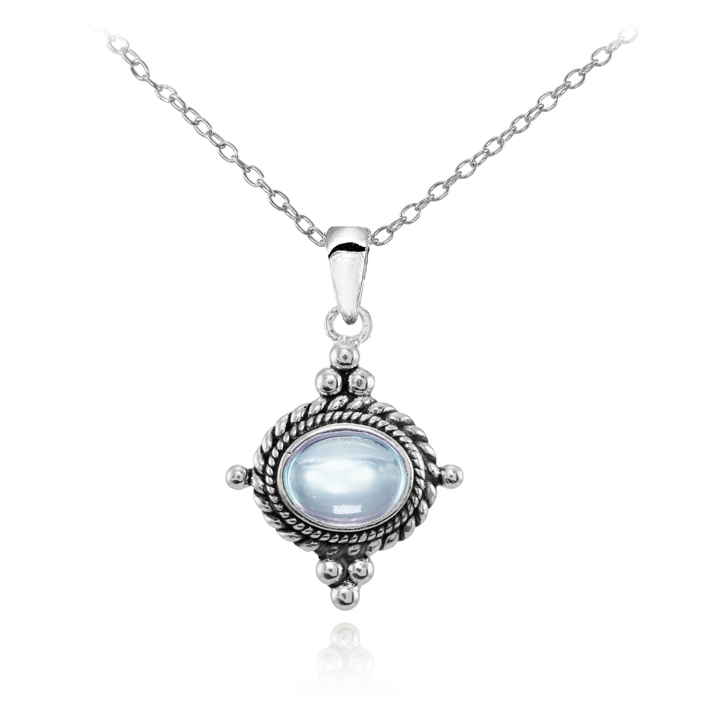 Sterling Silver Cabochon Blue Topaz Bali Bead Oval Oxidized Vintage Necklace