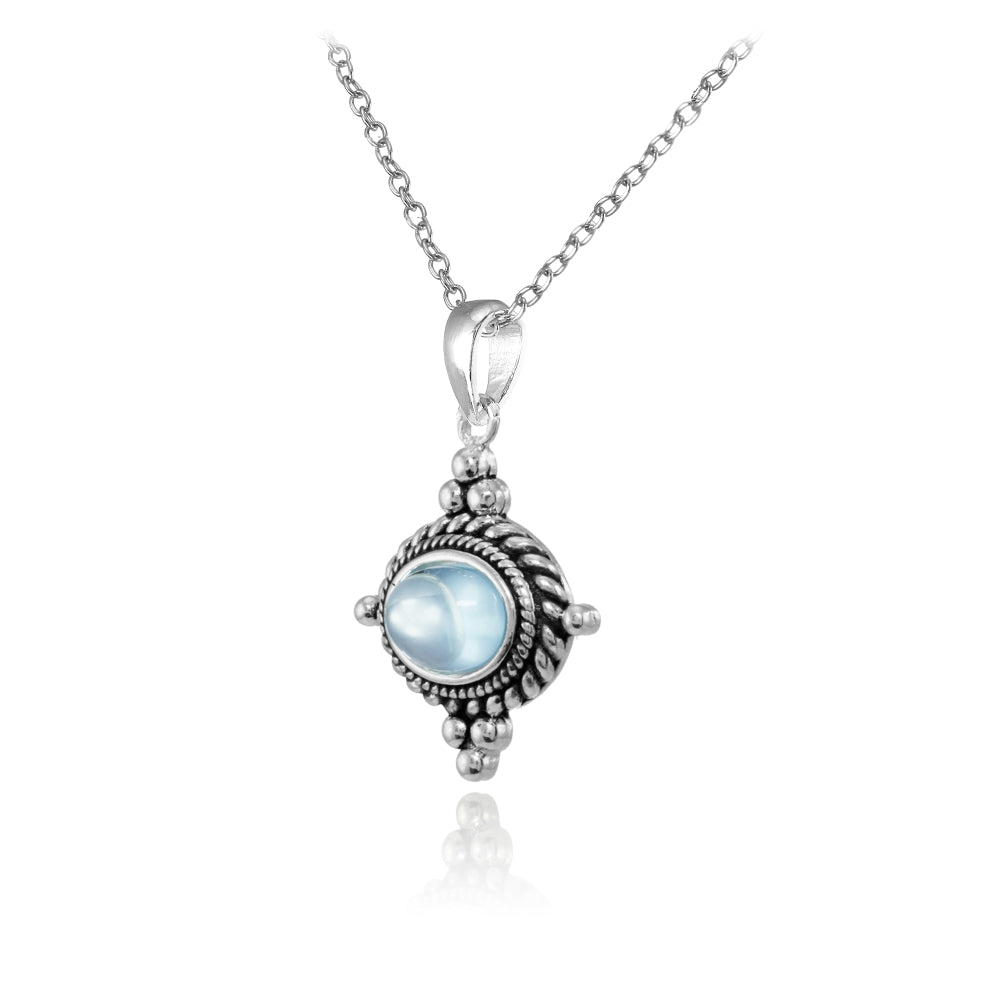Sterling Silver Cabochon Blue Topaz Bali Bead Oval Oxidized Vintage Necklace-2