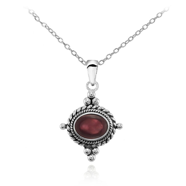 Sterling Silver Cabochon Garnet Bali Bead Oval Oxidized Vintage Necklace