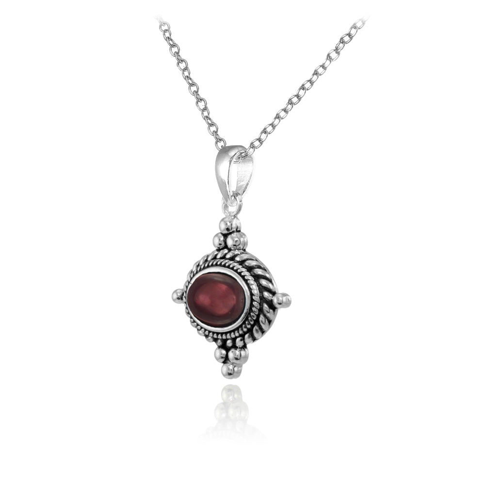 Sterling Silver Cabochon Garnet Bali Bead Oval Oxidized Vintage Necklace-2