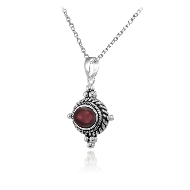 Sterling Silver Cabochon Garnet Bali Bead Oval Oxidized Vintage Necklace