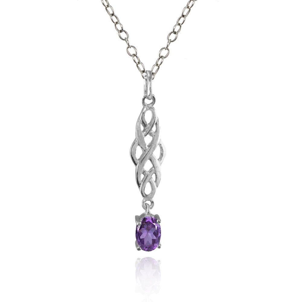 Sterling Silver African Amethyst Oval Celtic Knot Dangling Drop Necklace