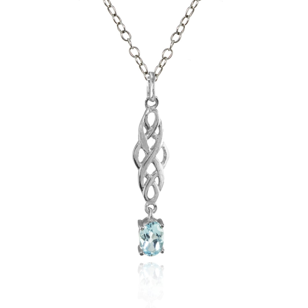 Sterling Silver Blue Topaz Oval Celtic Knot Dangling Drop Necklace