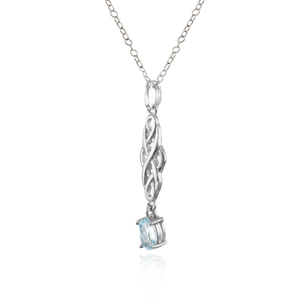 Sterling Silver Blue Topaz Oval Celtic Knot Dangling Drop Necklace-2