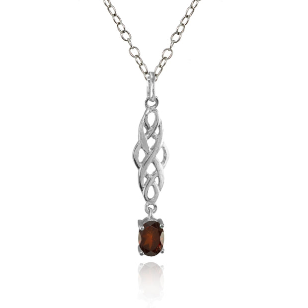 Sterling Silver Garnet Oval Celtic Knot Dangling Drop Necklace