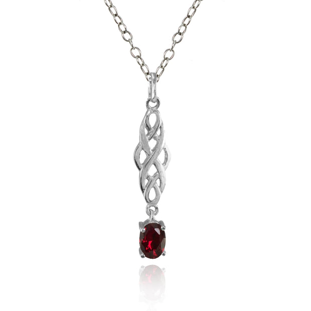 Sterling Silver Created Ruby Oval Celtic Knot Dangling Drop Necklace