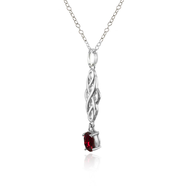 Sterling Silver Created Ruby Oval Celtic Knot Dangling Drop Necklace