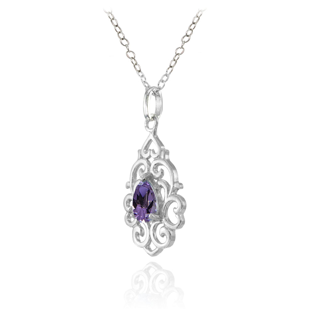 Sterling Silver African Amethyst Filigree Heart Teardrop Necklace-2