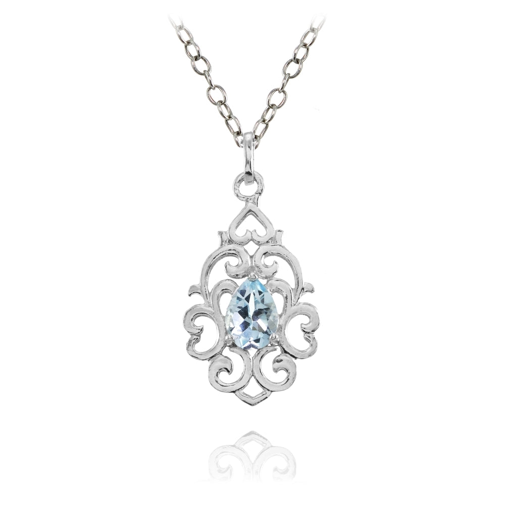 Sterling Silver Blue Topaz Filigree Heart Teardrop Necklace