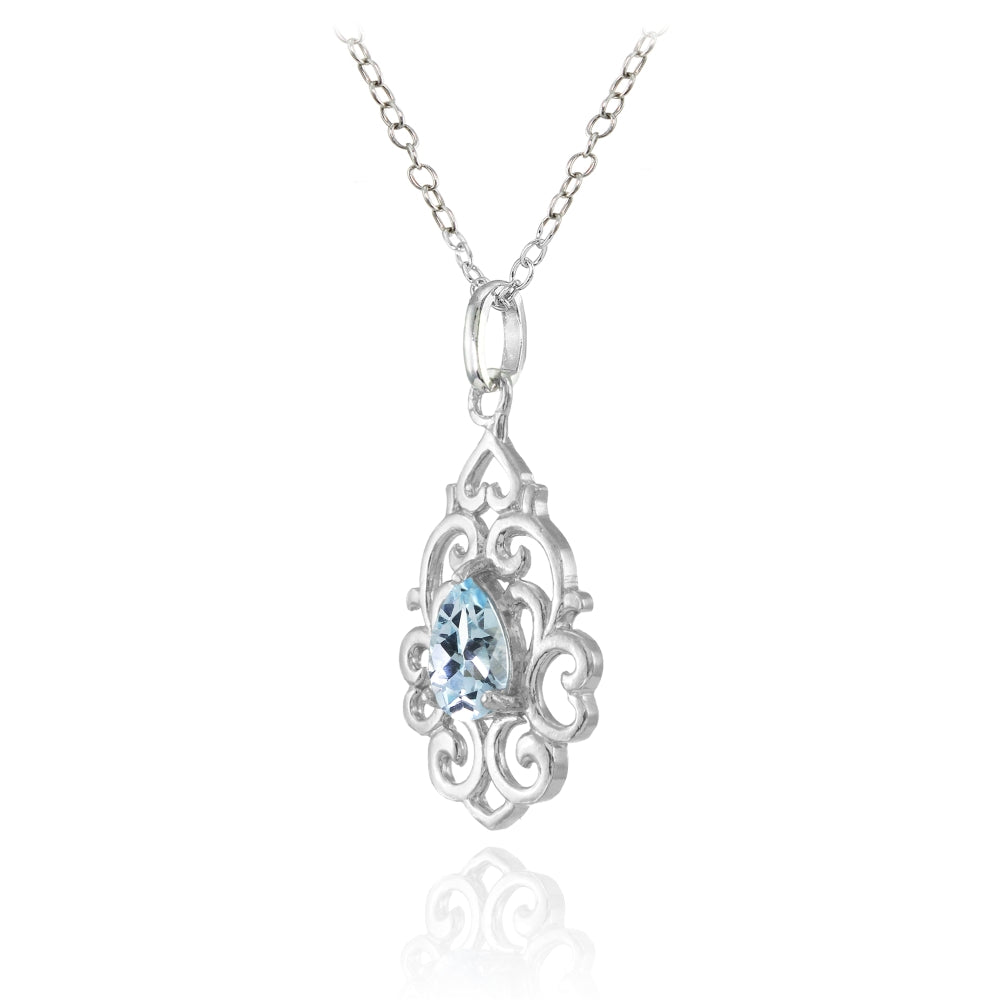 Sterling Silver Blue Topaz Filigree Heart Teardrop Necklace-2