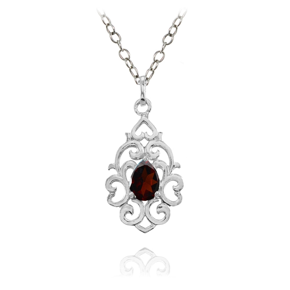 Sterling Silver Garnet Filigree Heart Teardrop Necklace