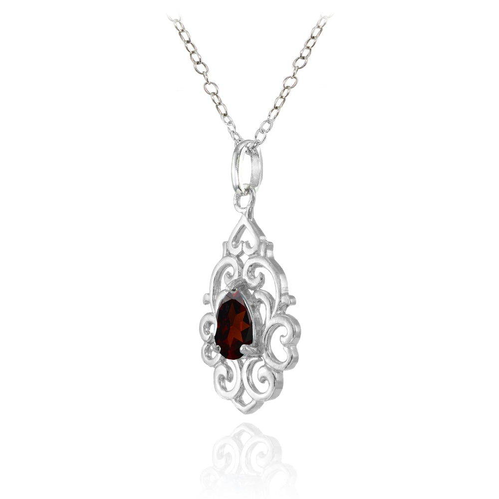 Sterling Silver Garnet Filigree Heart Teardrop Necklace-2