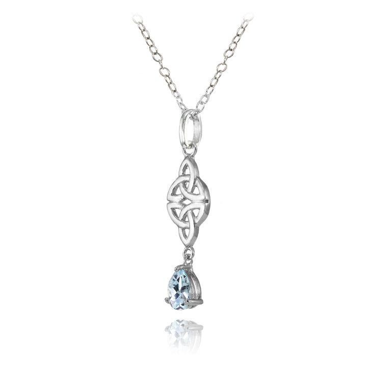 Sterling Silver Blue Topaz Celtic Trinity Knot Teardrop Necklace