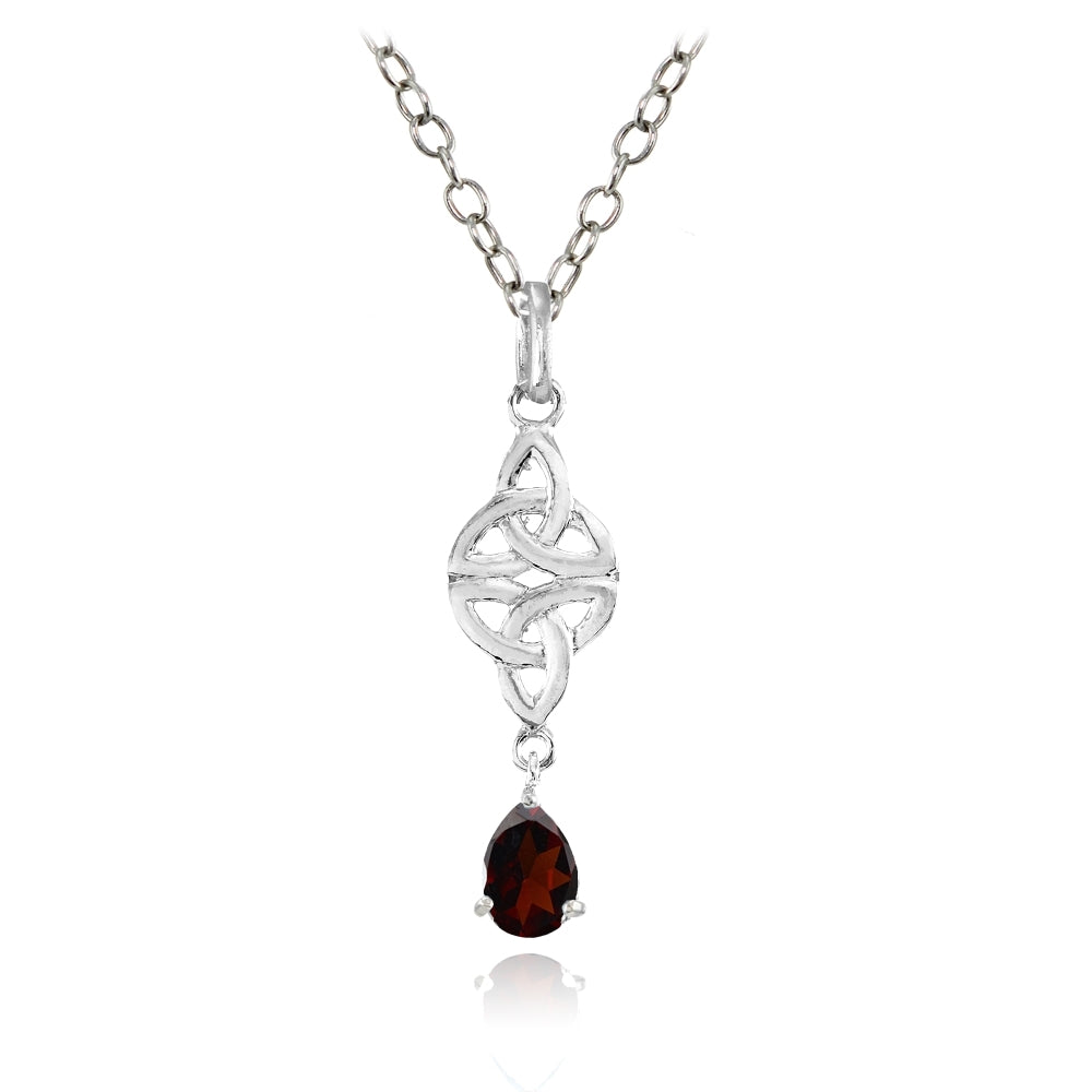 Sterling Silver Garnet Celtic Trinity Knot Teardrop Necklace