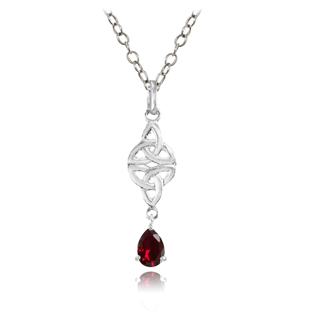 Sterling Silver Created Ruby Celtic Trinity Knot Teardrop Necklace