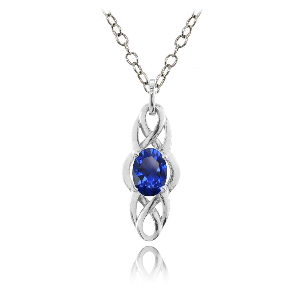 Sterling Silver Created Blue Sapphire Celtic Knot Oval Drop Necklace