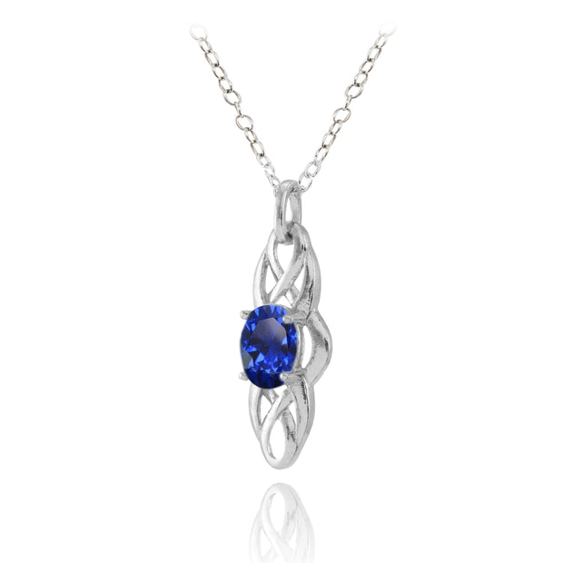 Sterling Silver Created Blue Sapphire Celtic Knot Oval Drop Necklace
