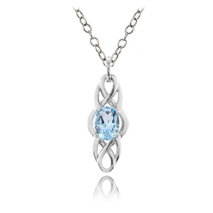 Sterling Silver Blue Topaz Celtic Knot Oval Drop Necklace